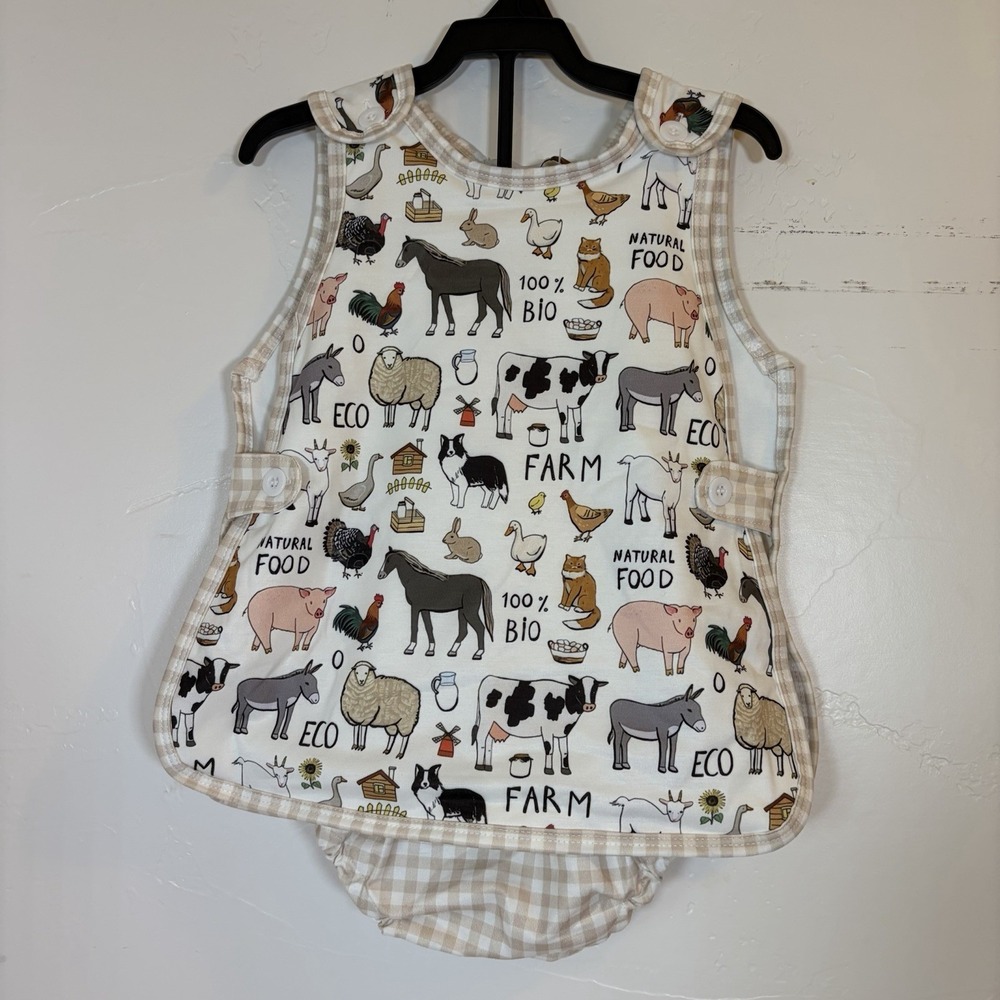 New Abby & Evie Baby 24M Farm Animal Western Romper Set Brown Gingham Cotton